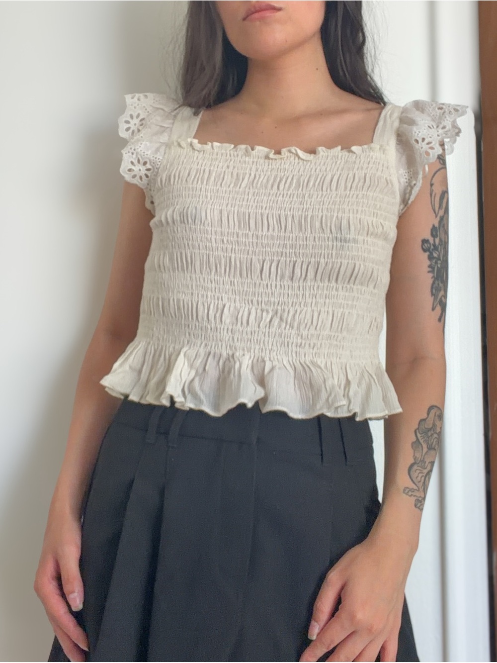 Smocked Square-Neck Tank Top with Eyelet Flutter Sleeves in Cream
